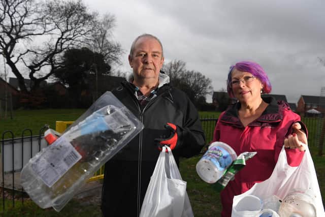 Mick and April with some of the rubbish they have collected