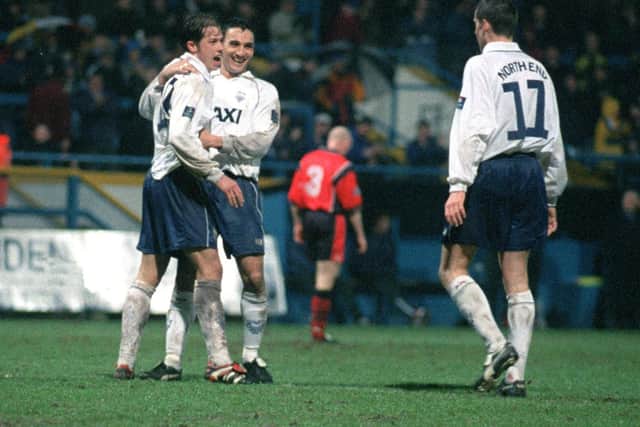 Steve Bashm (left), Jurt Nogan and Andy Gray celebrate a goal in Preston's 5-0 win against Lincoln City in 1999