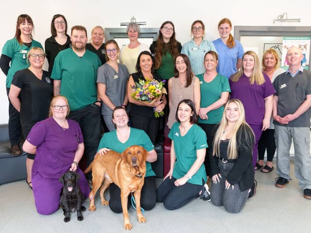 Liz Edmondson Day surrounded by colleagues as she retires from Stanley House Vets after 28 years.