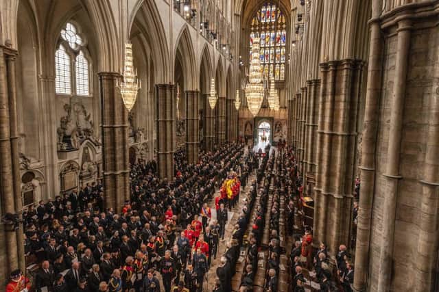 A view shows the State Funeral Service for Britain’s Queen Elizabeth II, at Westminster Abbey in London on September 19, 2022 (Photo by JACK HILL/POOL/AFP via Getty Images)