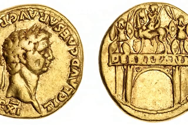 The gold aureus celebrating the conquest in AD 43 was uncovered among the ruins of a suburb five kilometres north of the archaeological site in southern Italy’s Campania region.