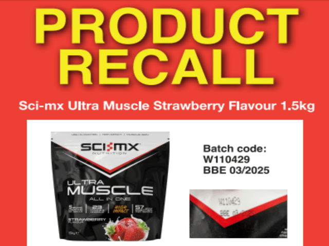 Home Bargains recalls Sci-Mx Nutrition Ultra Muscle Strawberry Flavour because of high levels of caffeine