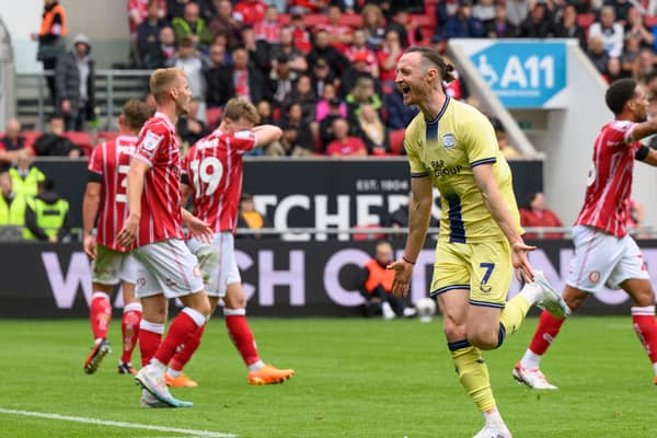 Preston North End’s Will Keane celebrates scoring the equalising goal vs Bristol City