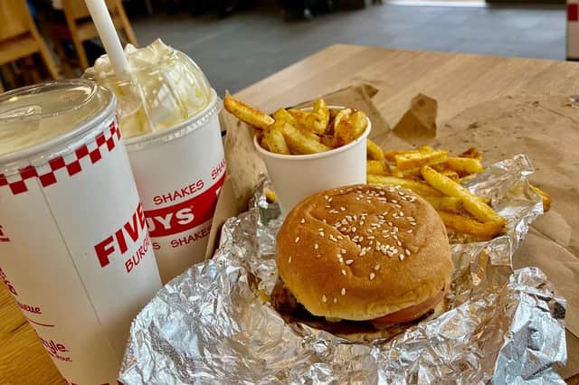 Five Guys burger, fries and a shake