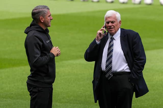 Preston North End manager Ryan Lowe chats to director Peter Ridsdale