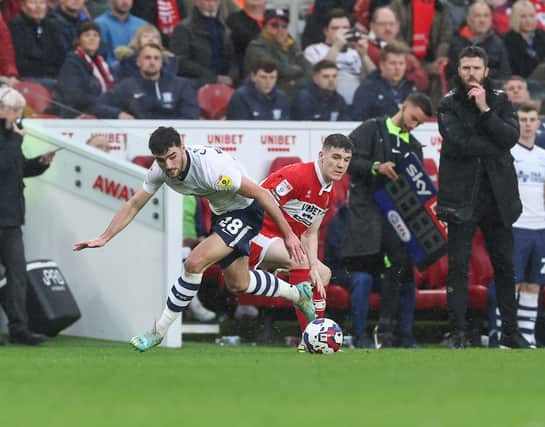 Tom Cannon evades a challenge from Middlesbrough’s Darragh Lenihan