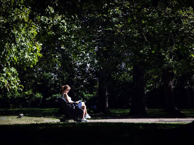 A woman reads a book on a bench in Green Park in central London on September 5, 2023 as the country experiences a late heatwave.