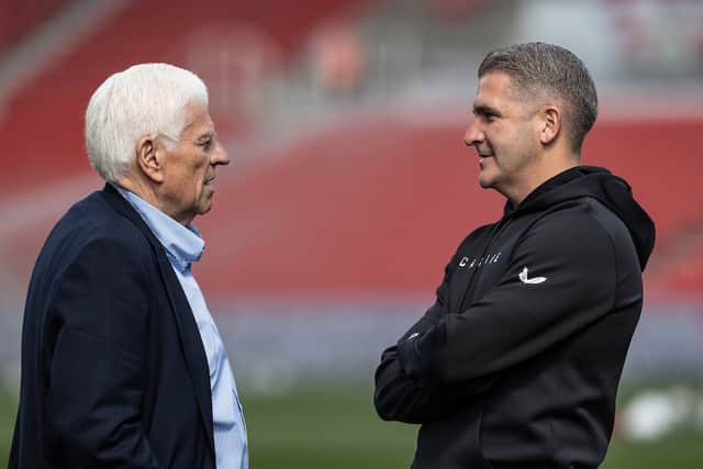 Preston North End director Peter Ridsdale chats to manager Ryan Lowe
