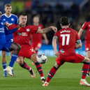 Preston North End’s Milutin Osmajic competing with Leicester City’s Wilfred Ndidi 