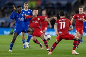 Preston North End’s Milutin Osmajic competing with Leicester City’s Wilfred Ndidi 