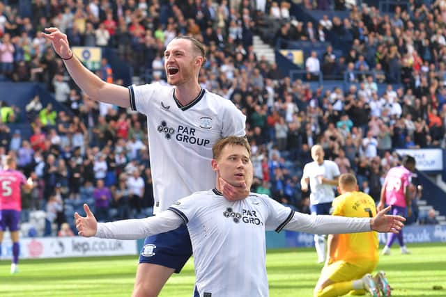 Preston North End's Mads Frokjaer-Jensen is congratulated. (Image: CameraSport - Dave Howarth)