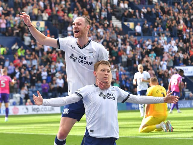 Preston North End's Mads Frokjaer-Jensen is congratulated. (Image: CameraSport - Dave Howarth) 