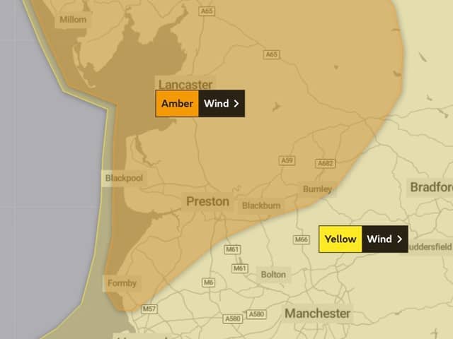 Yellow and amber weather warnings have been issued by the Met Office as Storm Debi hits Lancashire.