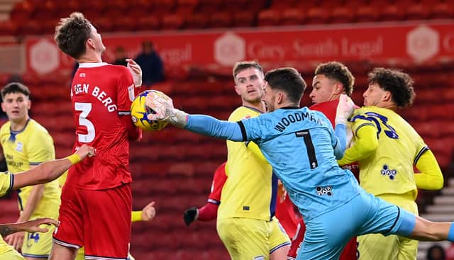 Middlesbrough player Rav van den Berg diverts the ball to score 
