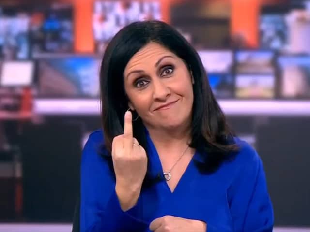 BBC News presenter Maryam Moshiri has apologised after she raised her middle finger to camera seconds before beginning her news bulletin. (Credit: BBC News)