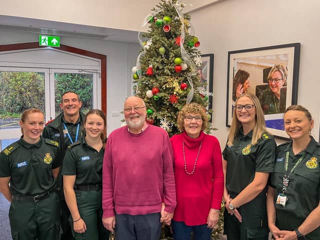 After feeling unwell, Paul Hubberstey collapsed in his home in Preston suffering a stroke. He has been to meet the 999 crew who saved his life. Pictured (LtoR) is Colette Weepman, Matt Dunn (Consultant Paramedic Lancashire), Rachel Barton, Paul Hubberstey, Joan Hubberstey, Louise Woolcomve, Diane Stott-Duggan.