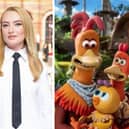 Amelia Dimoldenberg (left- credit Getty) is to interview the cast of Chicken Run: Dawn of the Nugget (right-credit Aardman/Netflix) for Chicken Shop Date.