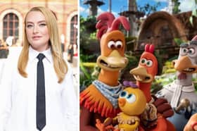 Amelia Dimoldenberg (left- credit Getty) is to interview the cast of Chicken Run: Dawn of the Nugget (right-credit Aardman/Netflix) for Chicken Shop Date.