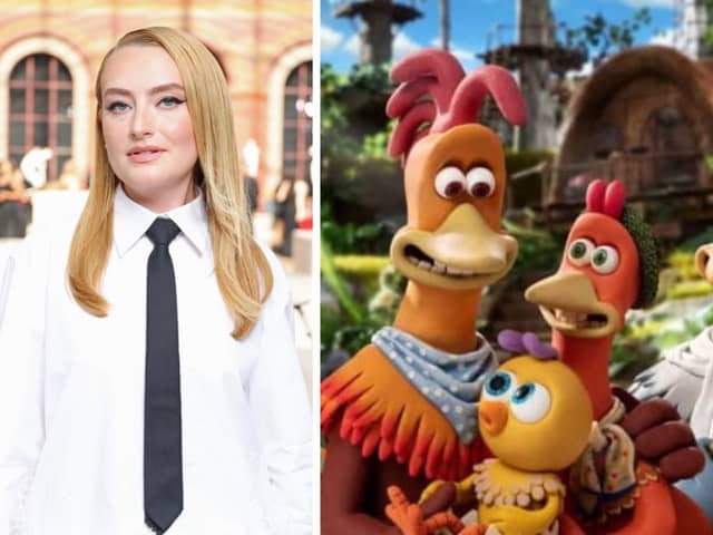Amelia Dimoldenberg (left- credit Getty) is to interview the cast of Chicken Run: Dawn of the Nugget (right-credit Aardman/Netflix) for Chicken Shop Date.