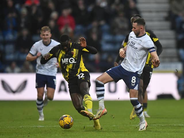 Preston North End's Alan Browne battles with Watford's Ken Sema