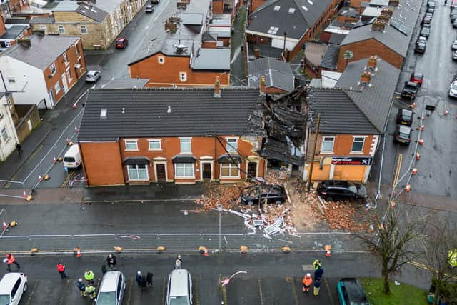 A terraced house collapsed after a huge gas explosion in Blackburn