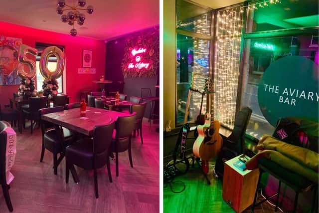 Left: Upstairs @ The Aviary. Right: the live music area downstairs.
