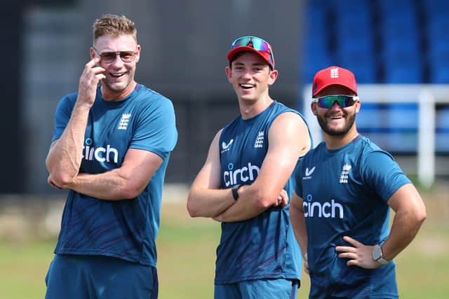 Assistant coach Freddie Flintoff (L), and players, John Turner (C) and Ben Duckett (R)of England look on during the England Net Session. (Photo by Ashley Allen/Getty Images)