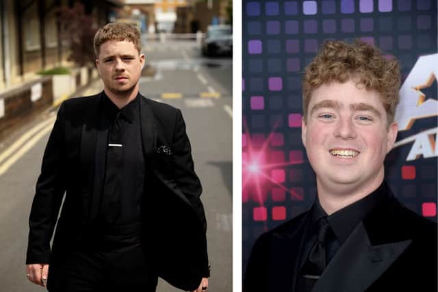 Left: Tom Ball on his tour poster. Right: attendings America's Got Talent: All-Stars Red Carpet in November 2022 (credit Getty)