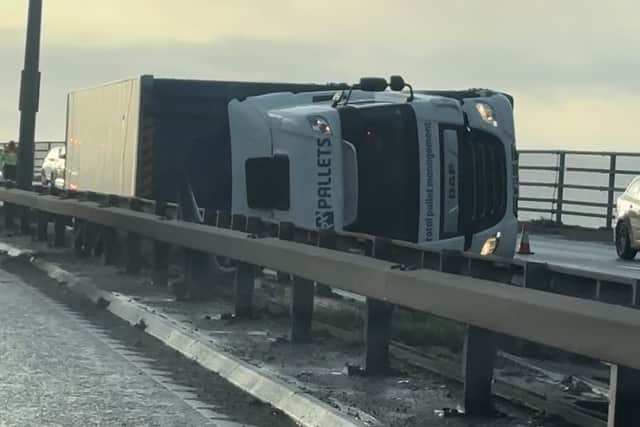 The lorry overturned on the on the M60 Barton Bridge near Trafford Centre this morning (Thursday, December 21)
