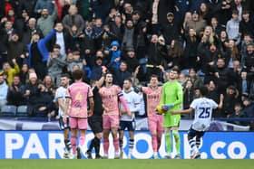 Leeds keeper Illan Meslier sees red after pushing Preston North End striker Milutin Osmajić in the face during today's game at Deepdale