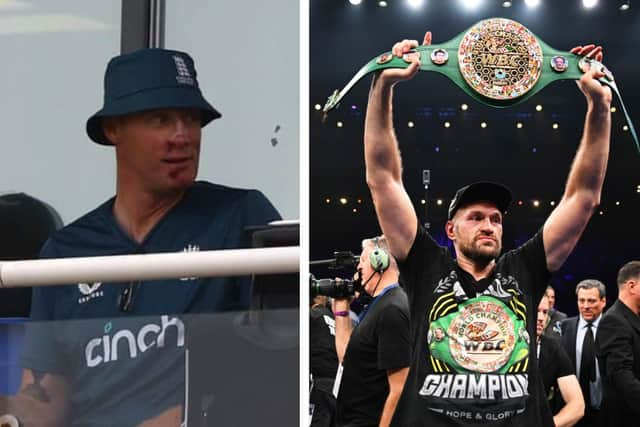 Left: Freddie Flintoff pictured on the 1st Metro Bank One Day International between England and New Zealand. Right: Tyson Fury holds up his WBC World Heavyweight belt after victory against Francis Ngannou. Credit: Getty