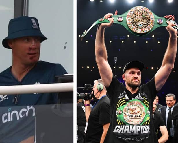 Left: Freddie Flintoff pictured on the 1st Metro Bank One Day International between England and New Zealand. Right: Tyson Fury holds up his WBC World Heavyweight belt after victory against Francis Ngannou. Credit: Getty
