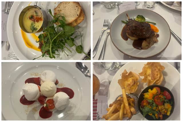 Top left clockwise: Chicken Liver & Brandy Pate, Crispy Pot Roasted Duck Leg, Feta Cheese and Sundried Tomato Quiche and Eton Mess