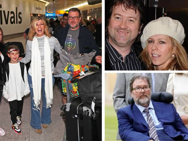 Left: Kate Garraway, Derek Draper and their two children Darcey, 13, and Bill, 10 in 2019. Top left: an older picture of the couple. Bottom right: Derek in 2023.