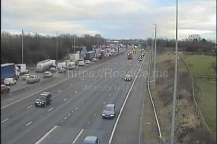 Just one lane is open on the southbound M6 at Preston after a trailer broke loose from a vehicle and overturned on the motorway this afternoon (Monday, January 8)