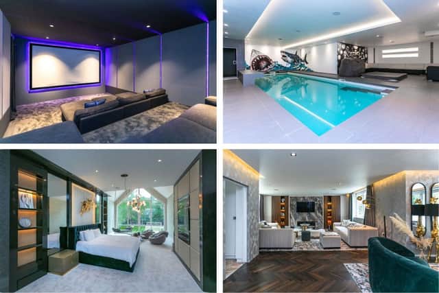 From top left clockwise: Cinema room, swimming pool, one area of the lounge. the main bedroom. Credit: Savills.