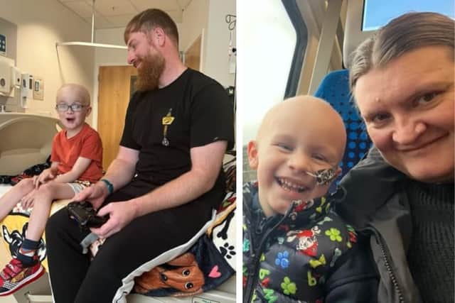 Left: playing video games in hospital with dad, Simon. Right: Jenson with his mum, Sarah.
