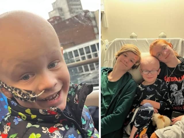 5-year-old Jenson Lewis is currently battling an aggressive form of brain cancer. Right he is pictured with siblings Ruby and Finlay/