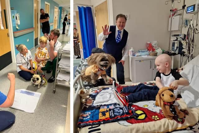 Left: Jenson with the hospital's therapy dog. Right: Getting a visit from Justin Fletcher (Mr Tumble).