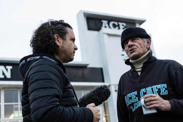 Bike Club film-maker Mat E Smith interviewing Mark Wilsmore, owner of the legendary Ace Café in North West London