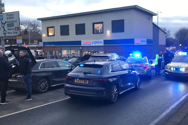 The pursued car was forced to a stop using a stinger outside Tesco Express in Turpin Green Lane, Leyland at around 4pm on Thurday (January 11).