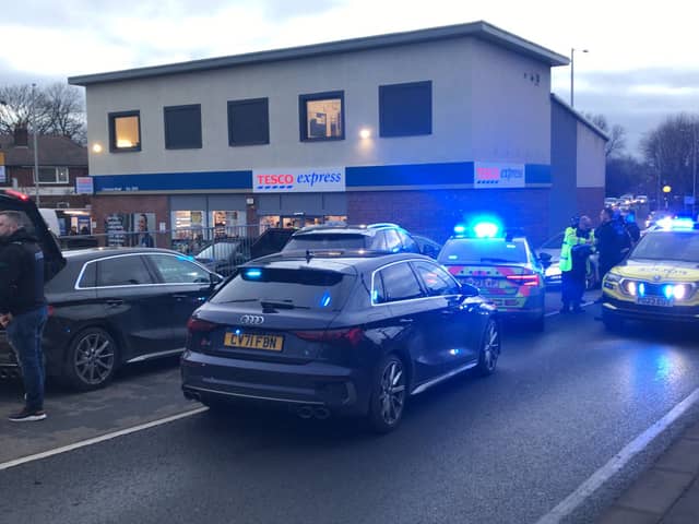 Unmarked police cars led the chase for a stolen Peugeot 308 through Chorley and Leyland before forcing the driver to a stop using a stinger outside Tesco Express in Turpin Green Lane, Leyland.