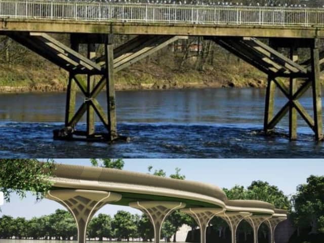 The old bridge top, and a 2019 rendering below. The new bridge will NOT have the wavy design.