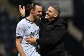 Preston North End's Manager Ryan Lowe congratulates Will Keane