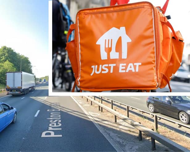 Just Eat driver spotted riding an electric bicycle on the M6 in Lancashire.