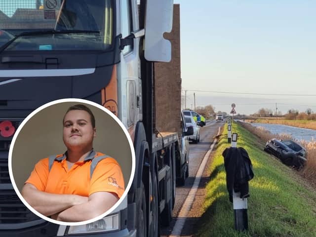 Luke Wagner, 26, was driving his HGV when he saw a silver car skid off an icy road near March,. Cambridgeshire, and plunge down a bank into a river. He help pull the man free Picture: SWNS