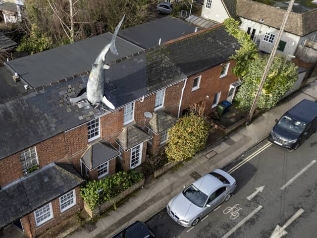 The owner of a world-famous house with a 25ft shark sticking out of the roof has been banned from renting it out on Airbnb Picture: Tom Wren / SWNS