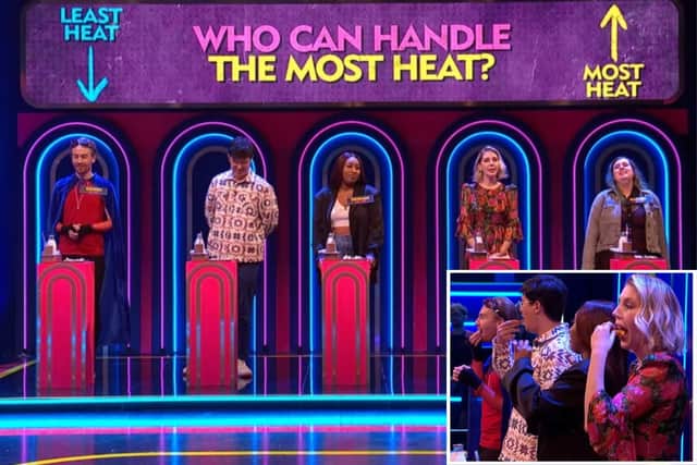 Gideon pictured doing a spicy challenge alongside comedians Phil Wang and Katherine Ryan.