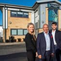 L to R: Greater Lancashire Hospital’s operations director Sara Rajiah, executive chairman Gwam Rajiah and director of investment and development Myles Rajiah, pictured in front of the company headquarters in Ribbleton, Preston.