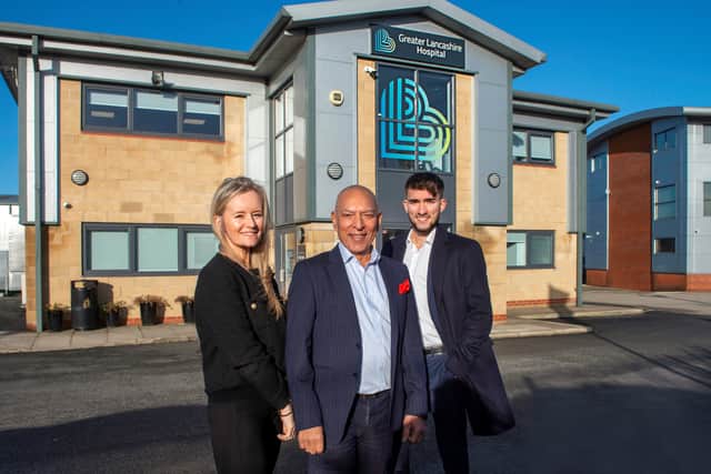 L to R: Greater Lancashire Hospital’s operations director Sara Rajiah, executive chairman Gwam Rajiah and director of investment and development Myles Rajiah, pictured in front of the company headquarters in Ribbleton, Preston.